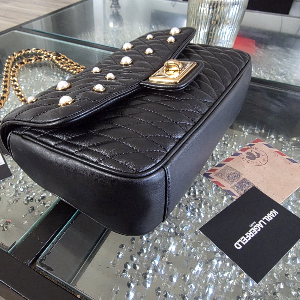 Karl Lagerfeld Black Quilted Shoulder Bag with Gold Chain and Pearl Accents - Picture 3 of 9